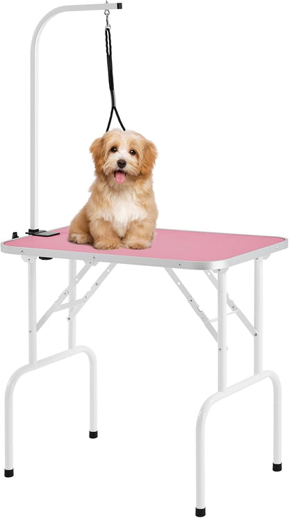 32-Inch Foldable Pet Dog Grooming Table W/Adjustable Height Arm - Drying Table for Home W/Noose for Small Dogs Cats, Maximum Capacity up to 220Lbs, Pink