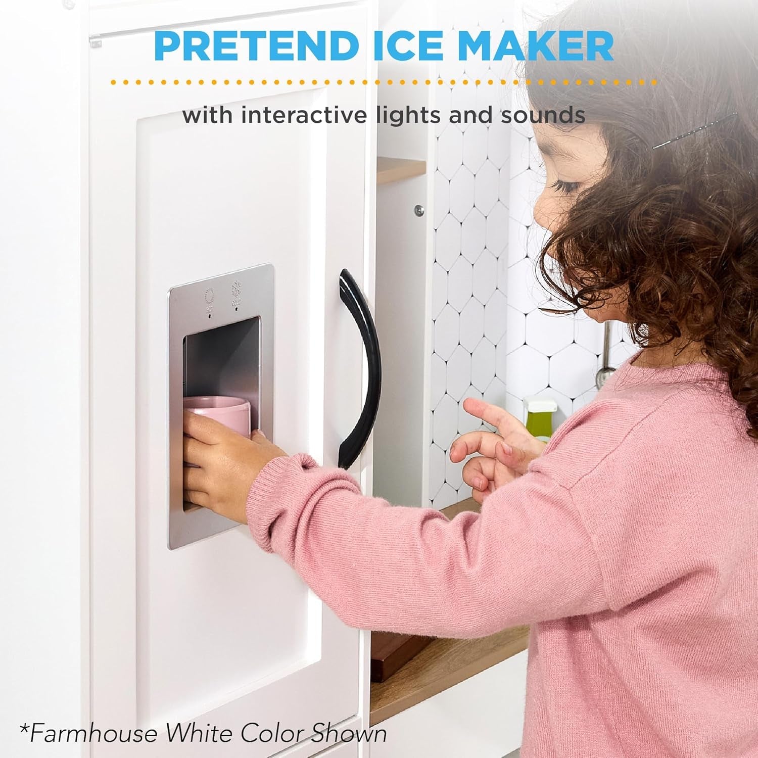 Pretend Play Corner Kitchen, Ultimate Interactive Wooden Kids Playset W/Lights &amp; Sounds, Ice Maker, Hood - Farmhouse White