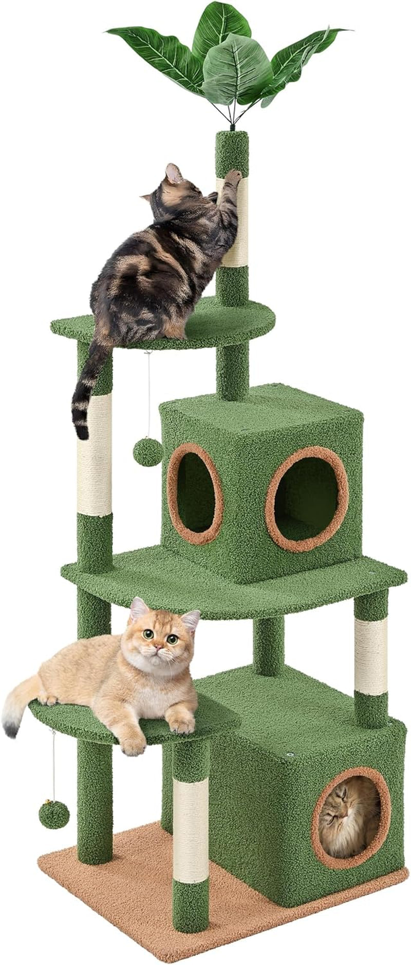 59In Palm Cat Tree, Cute Cat Tower W/Green Palm Frond, Spacious Platform, Double-Level Cat Condo, Scratching Posts, Fluffy Balls for Cat Kitty, Multi-Level Large Cat Tree for Indoor Cats