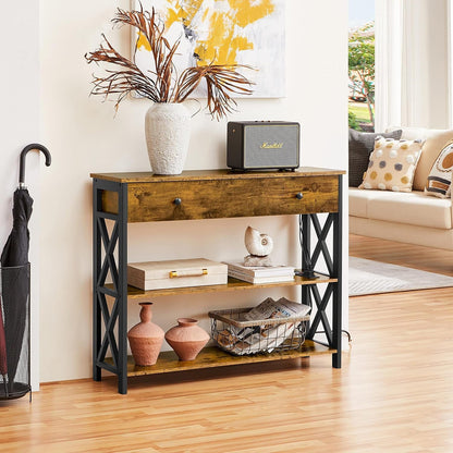 Console Table with 2 Outlets and 2 USB Ports, Industrial Entryway Table with Drawer and Storage Shelves, Narrow Sofa Table with Metal Frame for Living Room, Hallway, Rustic Brown