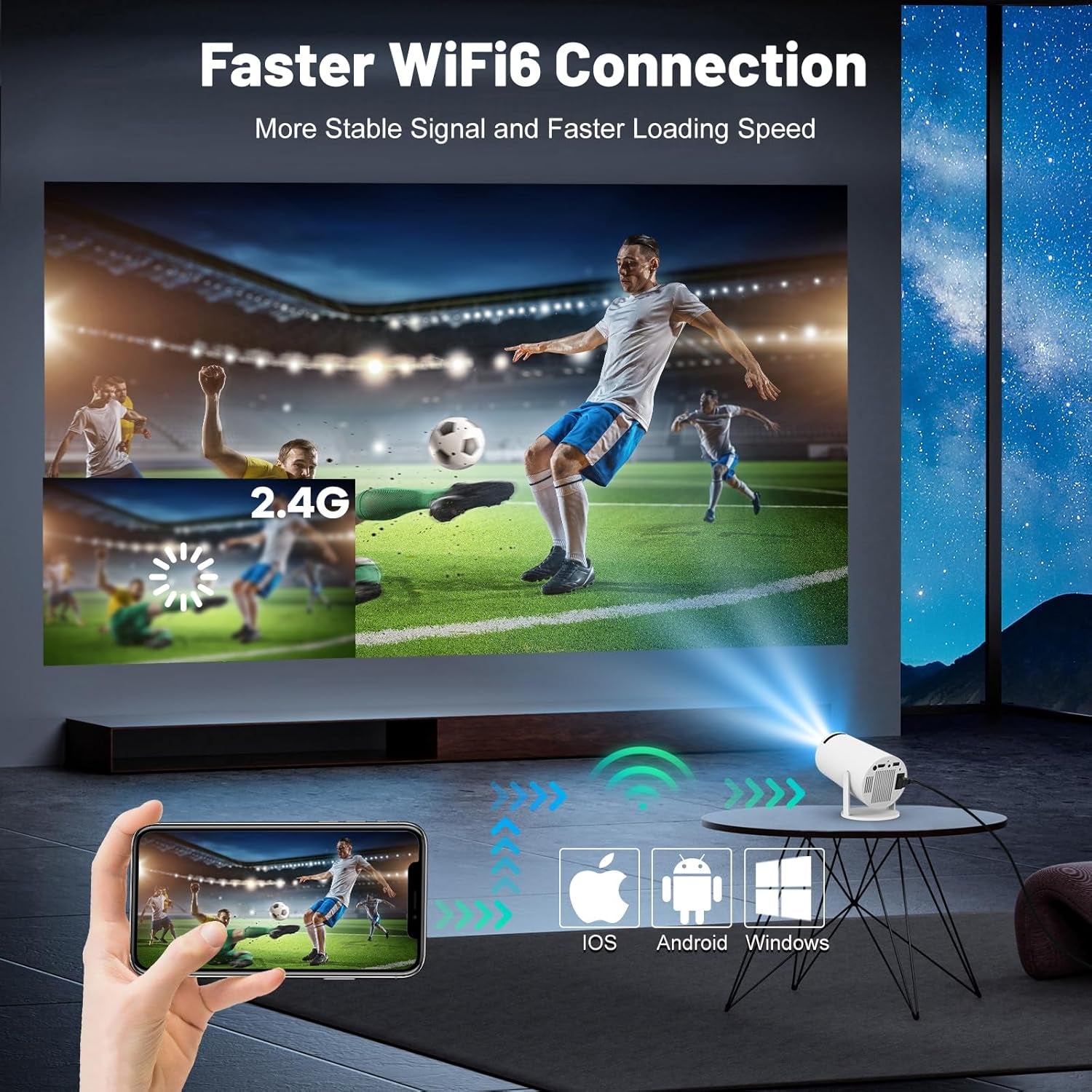 Mini Projector with WIFI 6 and Bluetooth, 4K 1080P Support Portable Projector 180° Rotatable 130&