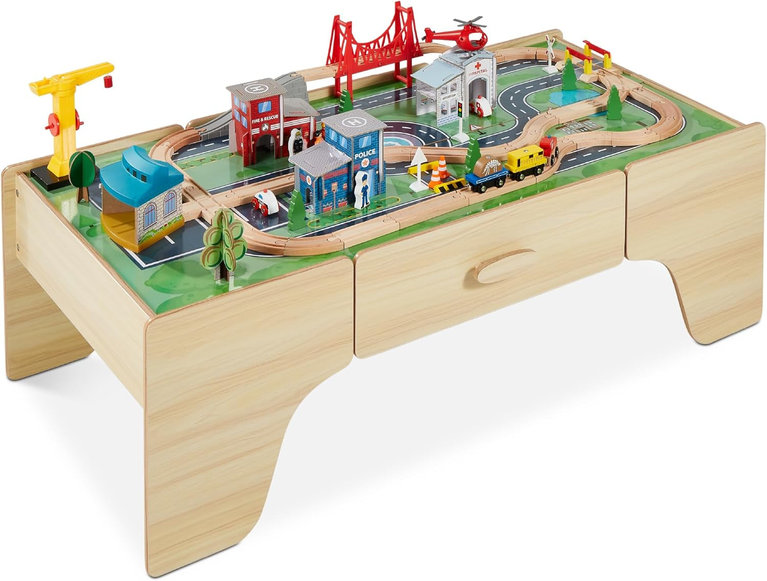 Large 50In 35-Piece Train Table, Multipurpose Wooden Toy Activity Playset for Children W/Tracks, Reversible Top - Natural