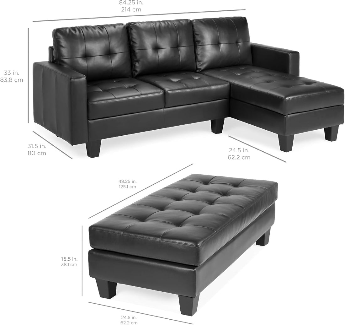 Tufted Faux Leather 3-Seat L-Shape Sectional Sofa Couch Set W/Chaise Lounge, Ottoman Coffee Table Bench, Black