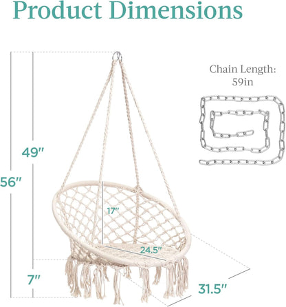 Macramé Hanging Chair, Handwoven Cotton Hammock Swing for Indoor &amp; Outdoor Use W/Mounting Hardware, Backrest, 265Lb Capacity - Beige