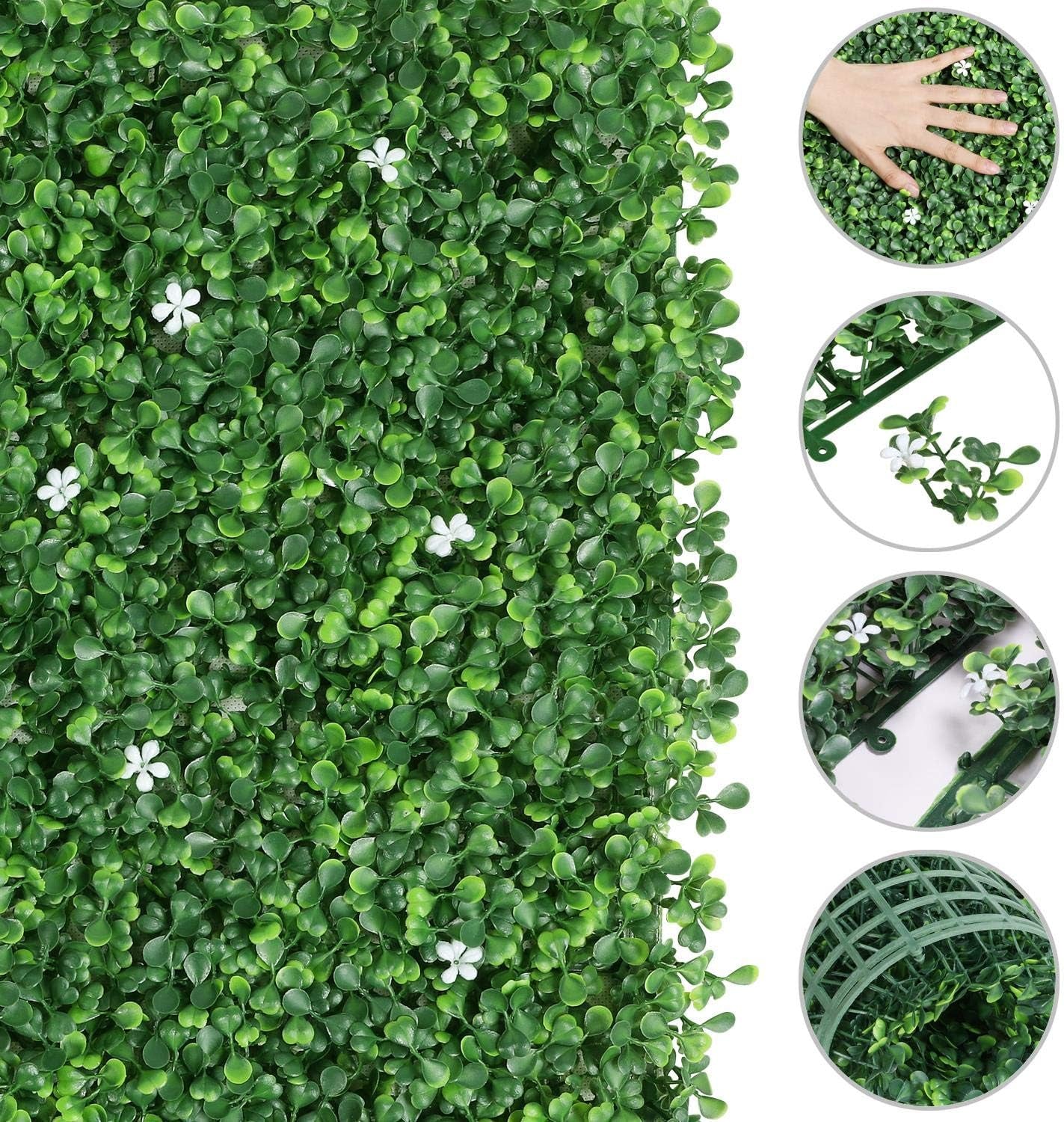 6Pcs 20 X 20 Inch Artificial Boxwood Panels W/Little White Flowers UV Protected Topiary Hedge Plant Privacy Hedge Screen Decorations for Garden,Home,Backyard and Green