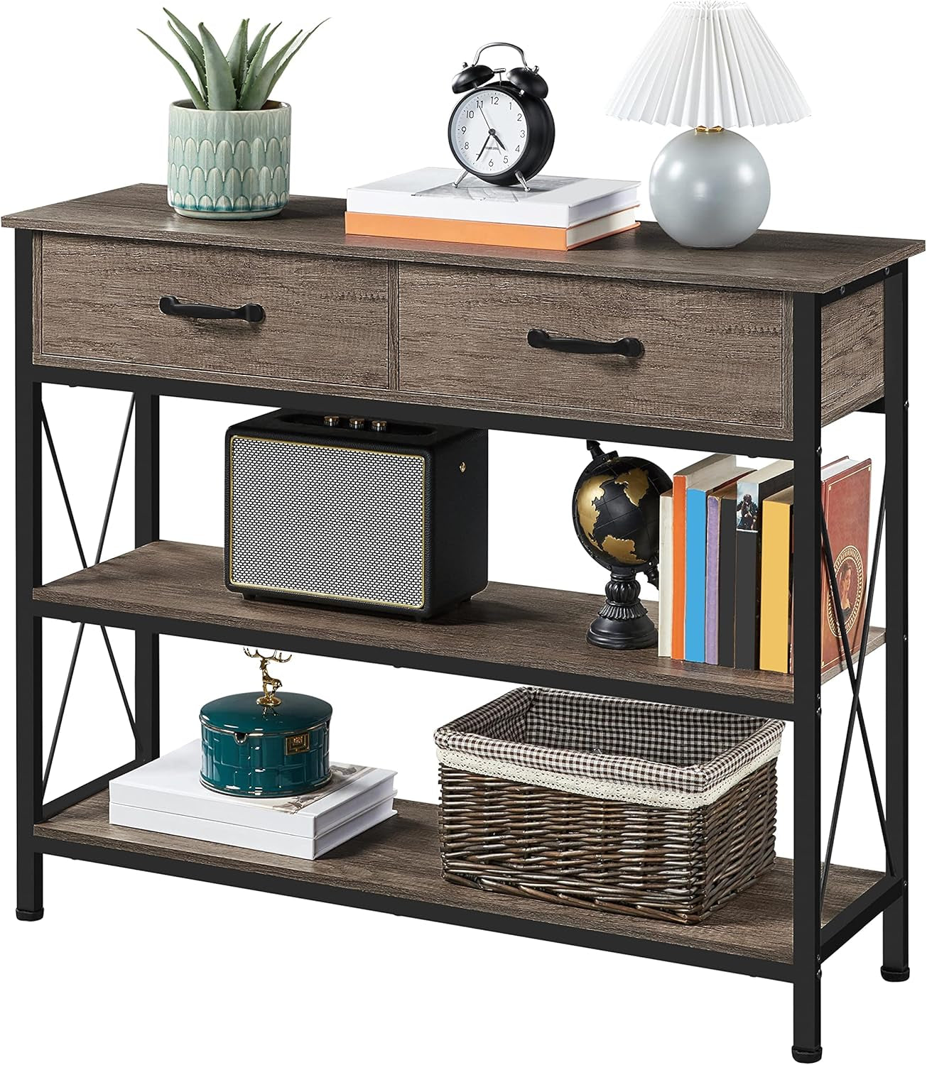 Console Table with 2 Drawers, 3-Tier Entryway Table with Storage Shelves, Narrow Long Sofa Couch Table for Living Room, Hallway, Metal Frame, Gray