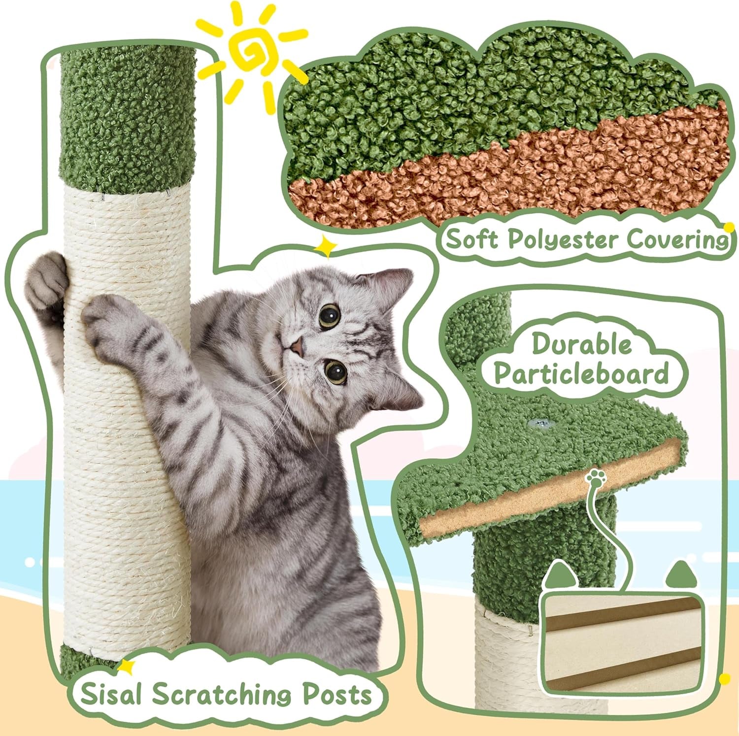 59In Palm Cat Tree, Cute Cat Tower W/Green Palm Frond, Spacious Platform, Double-Level Cat Condo, Scratching Posts, Fluffy Balls for Cat Kitty, Multi-Level Large Cat Tree for Indoor Cats