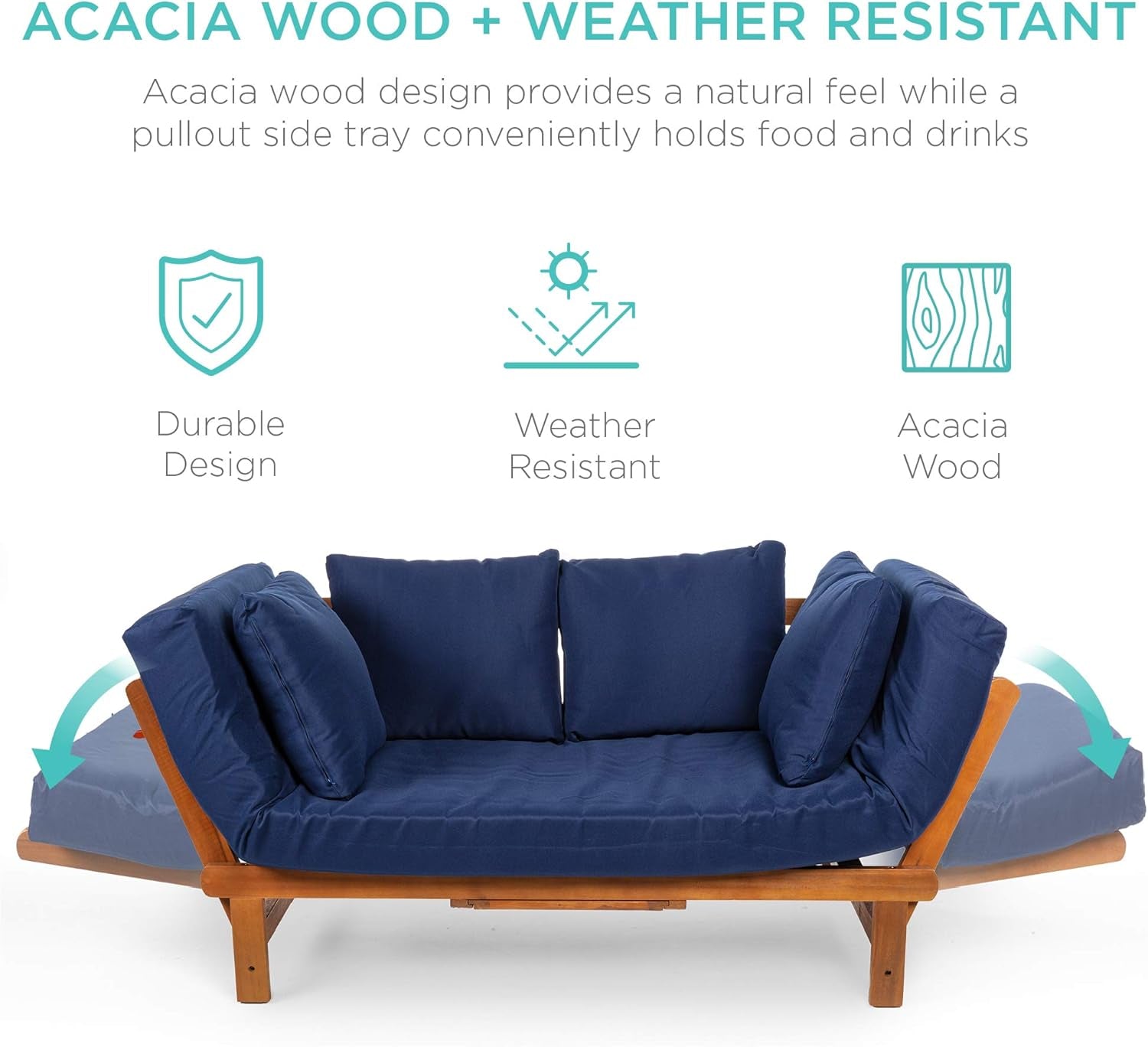 Outdoor Convertible Acacia Wood Futon Sofa Furniture for Patio, Balcony, Poolside, Backyard W/Pullout Tray, Removable Weather-Resistant Cushion &amp; 4 Pillows - Navy Blue