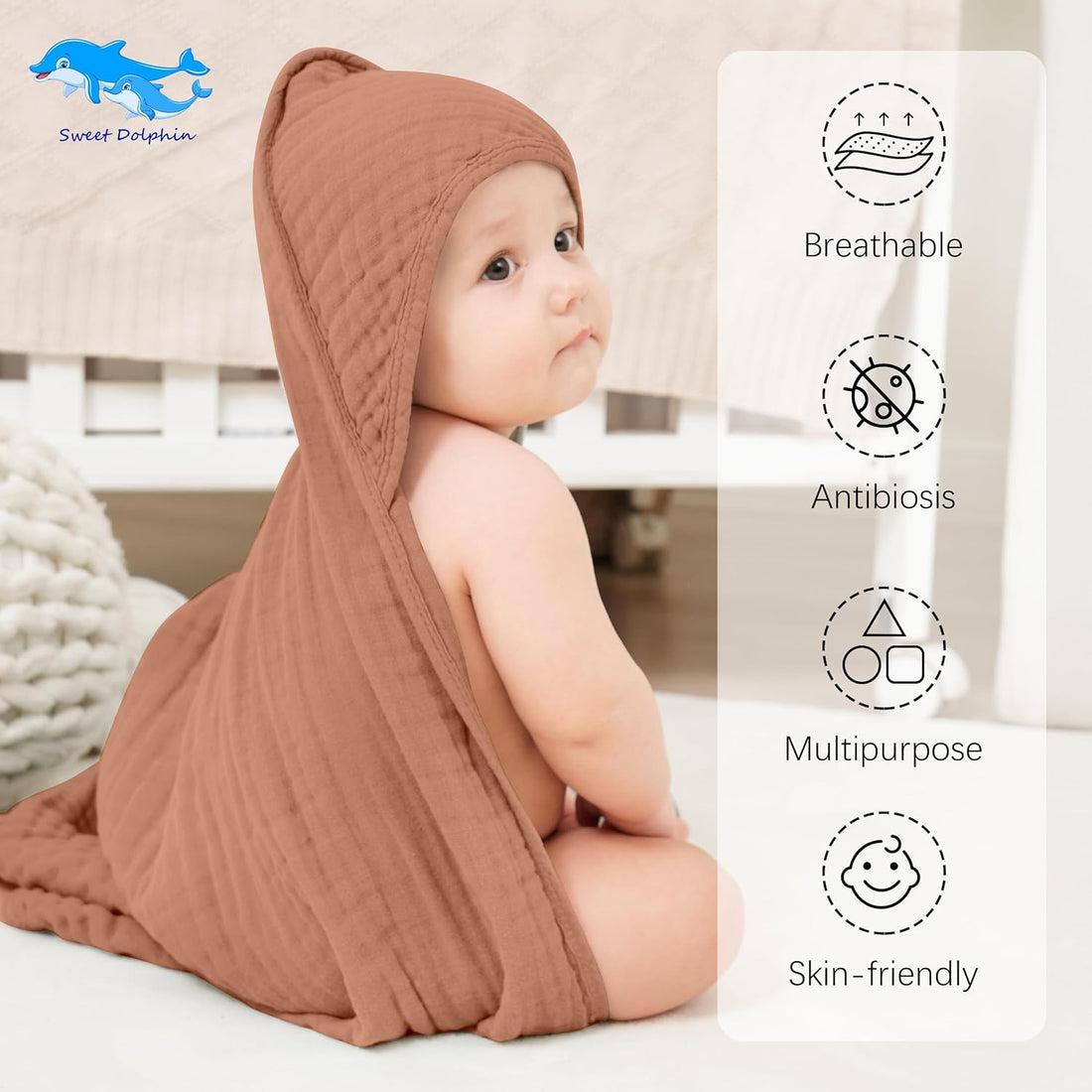 Muslin Hooded Baby Bath Towels - 2 Pack 100% Cotton Towel for Babies, Infants, Toddlers - 32X32Inch - Highly Absorbent and Newborn Essential, Light Bean Paste