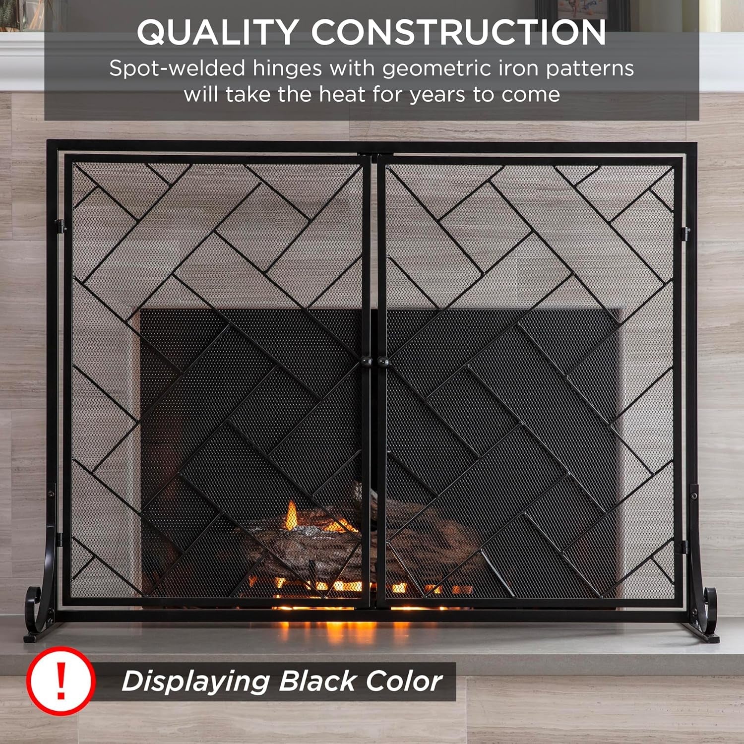 44X33In 2-Panel Handcrafted Wrought Iron Decorative Mesh Geometric Fireplace Screen, Fire Spark Guard W/Magnetic Doors - Gold