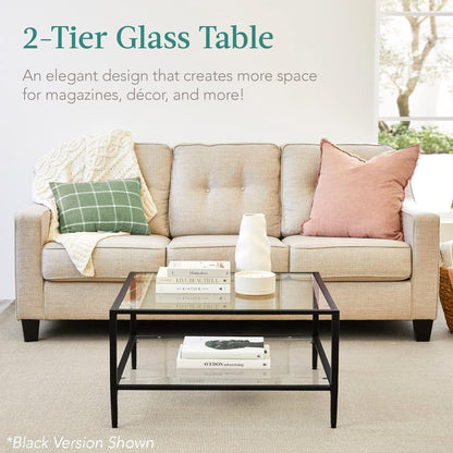 32” Square Glass Coffee Table, Large 2-Tier Accent Furniture for Living Room, Bedroom W/Metal Frame, Glass Shelves - Gold