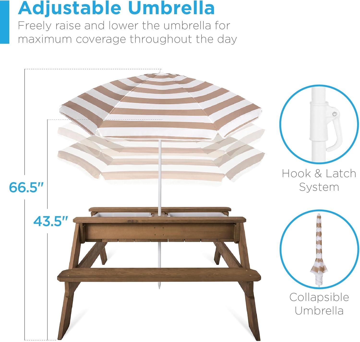 Kids 3-In-1 Sand &amp; Water Table, Wood Outdoor Convertible Picnic Table W/Umbrella, 2 Trays, Removable Top - Walnut/Beige