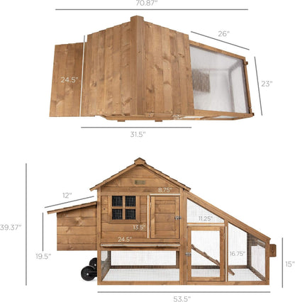 71In Mobile Fir Wood Chicken Coop Hen House Poultry Cage for 3-5 Hens, Outdoor, Animal Care W/Wheels, 2 Doors, Nest Box, Removable Tray, UV Panel