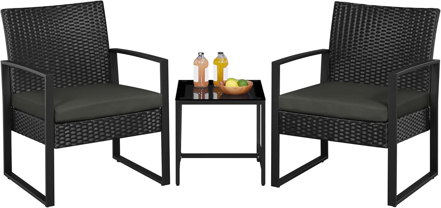 3 Pieces Rattan Bistro Set, Indoor/Outdoor Wicker Patio Modern Conversation Furniture, 2 Chairs &amp; Tempered Glass Coffee Table for Garden, Balcony, Backyard, Poolside, Black/Khaki