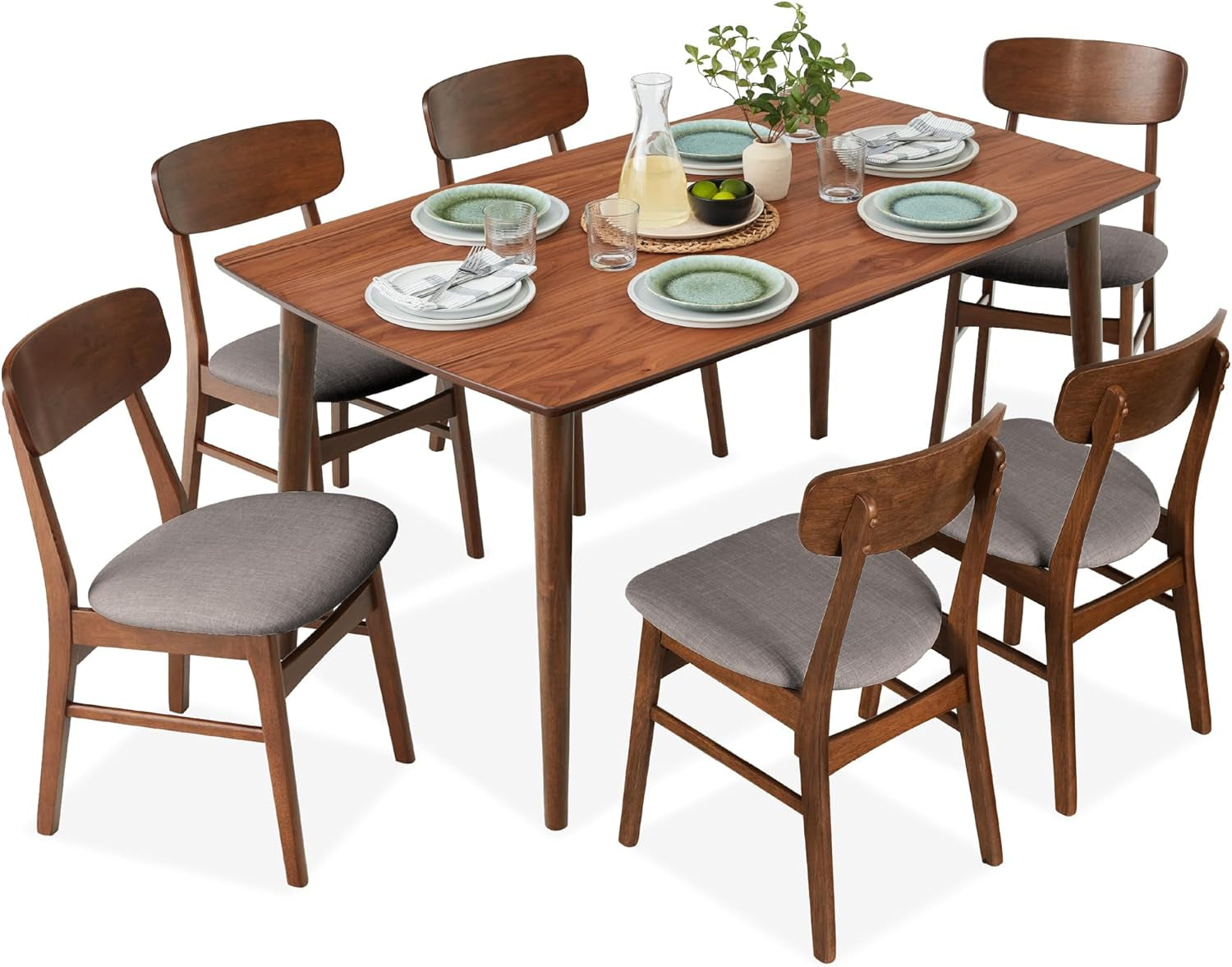 7-Piece Wooden Dining Set, Mid-Century Modern Table &amp; Upholstered Chair Set W/ 6 Chairs, Rubberwood Legs - Walnut/Cream