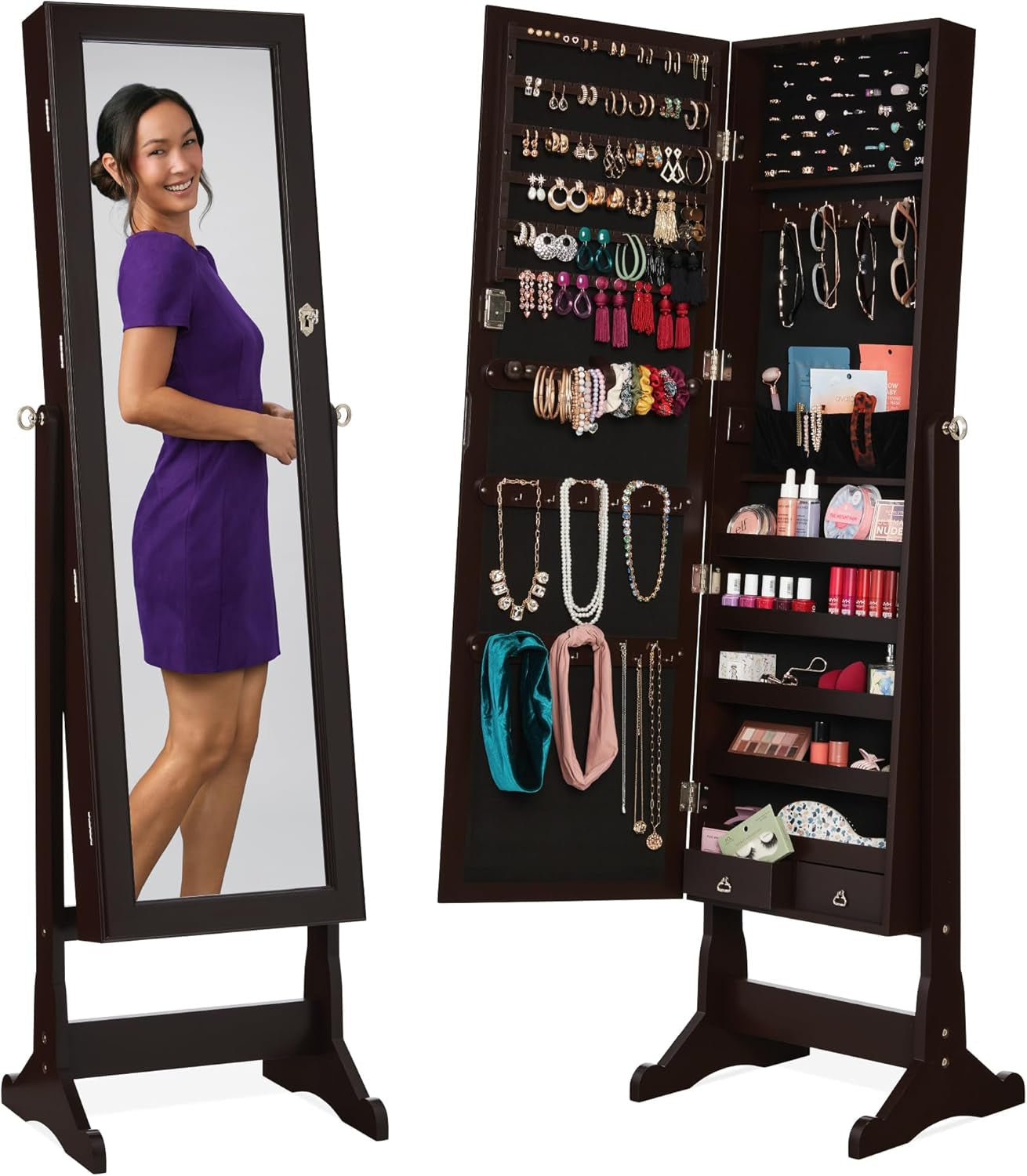 Freestanding Jewelry Armoire Cabinet, Full Length Standing Mirror, Lockable Makeup Storage Organizer, W/Velvet Lining, 3 Angles, Lock, Accessory Pouch, 5 Shelves - Sage