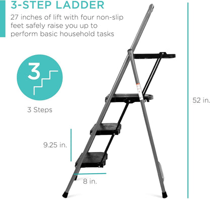 3-Step Ladder, Portable Folding Anti-Slip Step Stool W/Utility Tray, Hand Grip, Rubber Feet Caps, 330Lb Capacity