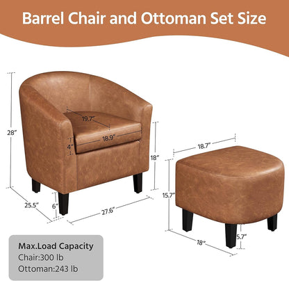 Accent Chair with Ottoman Footstool, PU Leather Modern Upholstered Soft Barrel Chair, Comfy Club Armchair and Footrest Set for Living Room/Bedroom/Reading Room/Guestroom, Brown