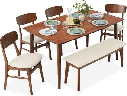 6-Piece Wooden Dining Set, Mid-Century Modern Table &amp; Upholstered Chair Set W/Bench Seat, Rubberwood Legs - Walnut/Cream