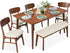 6-Piece Wooden Dining Set, Mid-Century Modern Table & Upholstered Chair Set W/Bench Seat, Rubberwood Legs - Walnut/Cream