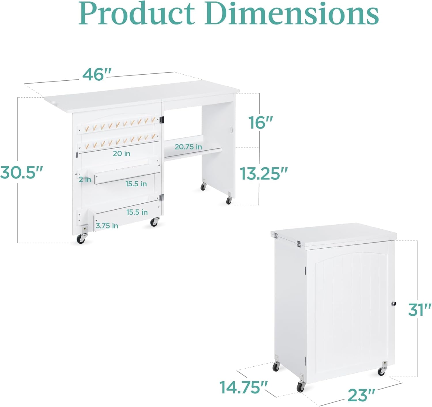 Folding Sewing Table Multipurpose Craft Station &amp; Side Desk with Compact Design, Wheels, Shelves, Storage Trays, Pegs, Magnetic Doors, Metal Doorknobs - White