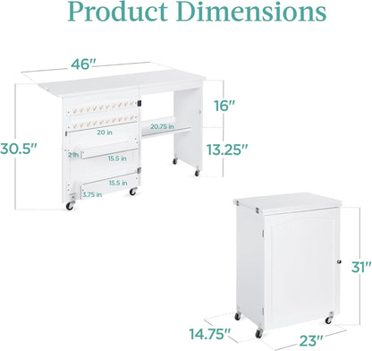 Folding Sewing Table Multipurpose Craft Station &amp; Side Desk with Compact Design, Wheels, Shelves, Storage Trays, Pegs, Magnetic Doors, Metal Doorknobs - White