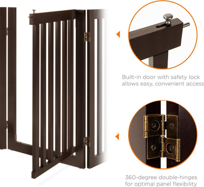 31.5In 3-Panel Freestanding Wooden Pet Gate W/Walk through Door, Adjustable Pen, Support Feet - Espresso