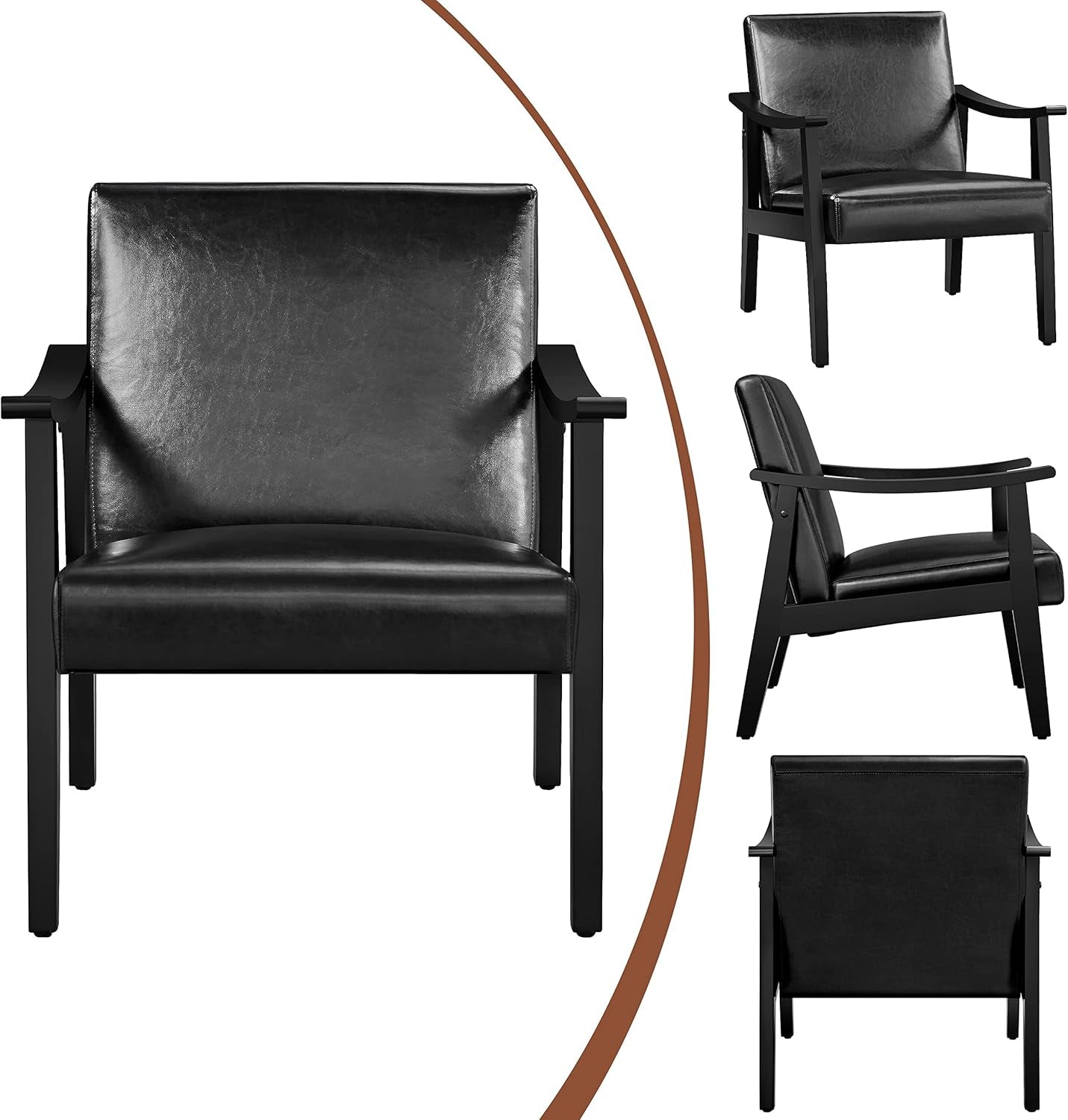 PU Leather Accent Chair, Mid-Century Modern Armchair with Solid Wood Legs, Reading Leisure Chair with High Back for Living Room Bedroom Waiting Room, Black