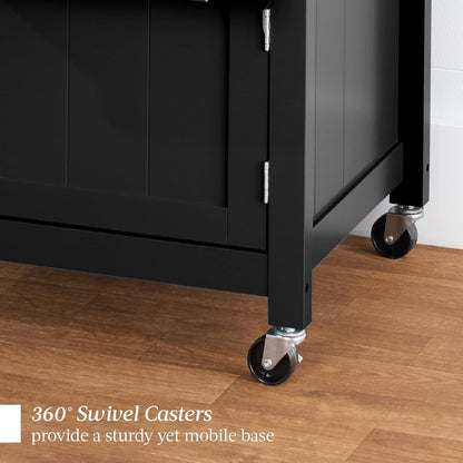 Rolling Kitchen Island Cart, Single Door Cabinet W/Drawer, Sliding Tray, Hidden Outlet, Hooks, &amp; Lockable Wheels - Onyx Black