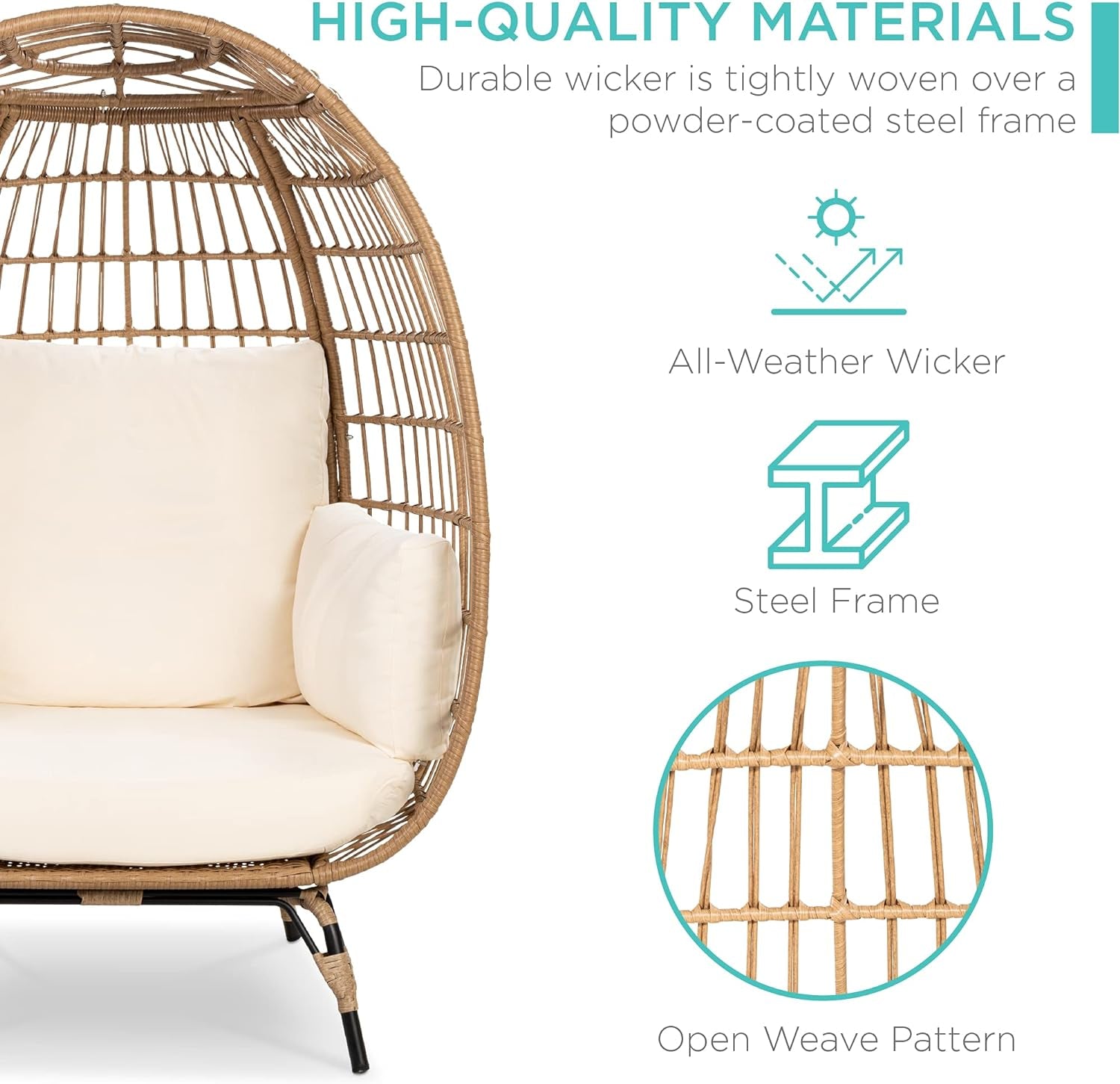 Wicker Egg Chair, Oversized Indoor Outdoor Lounger for Patio, Backyard, Living Room W/ 4 Cushions, Steel Frame, 440Lb Capacity - Ivory