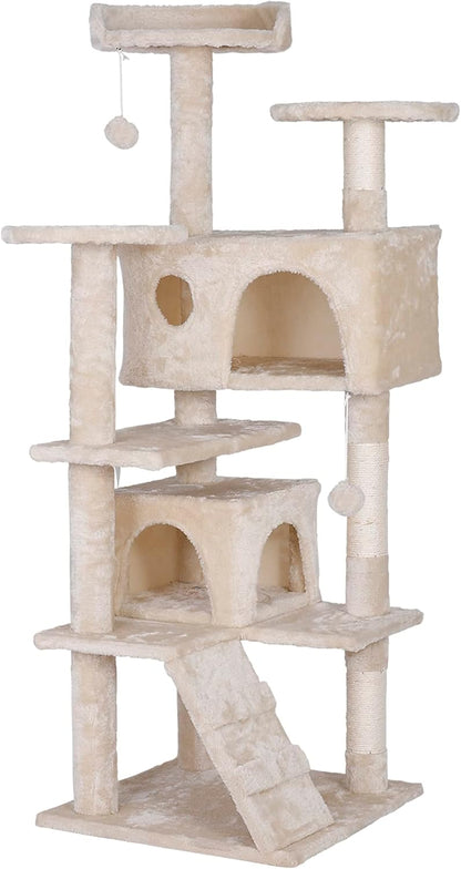 Cat Tree with Sisal-Covered Scratching Posts and 2 Plush Rooms