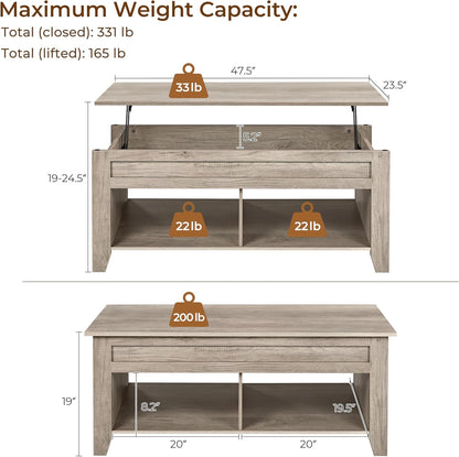 Lift Top Coffee Table with Hidden Storage Compartment &amp; Lower Shelf, Lift Tabletop Farmhouse Table for Living Room Office Reception, 47.5In L, Gray