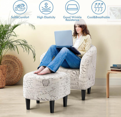 Modren Club Chair with Ottoman, Fabric Accent Armchair with Footstool, Upholstered Barrel Chair and Footrest for Living Room Bedroom Guestroom, Letter Print