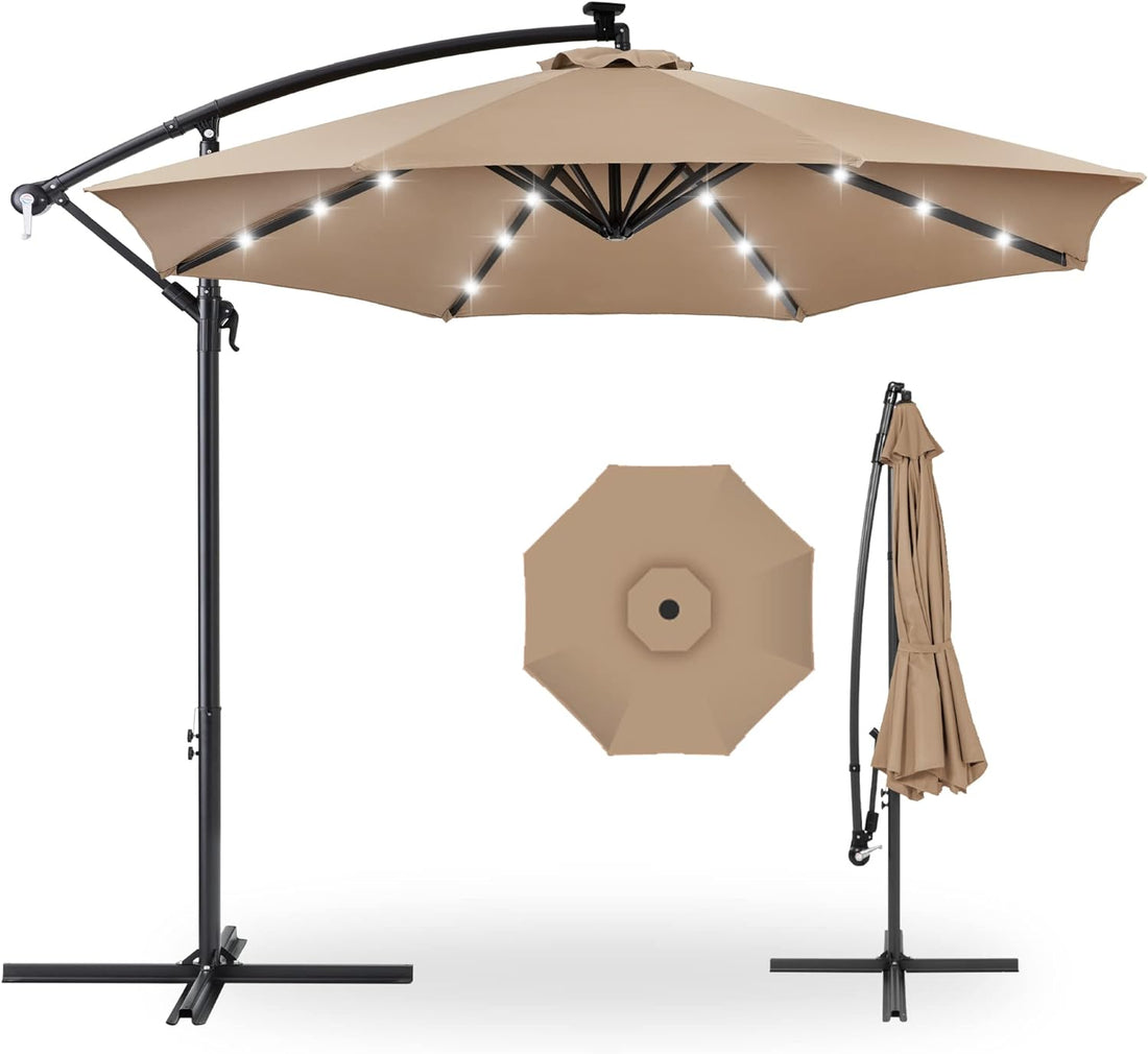 10-Foot Solar LED Offset Hanging Market Patio Umbrella with Easy Tilt Adjustment - Tan Polyester Shade, Ideal for Backyard, Poolside, Lawn, and Garden