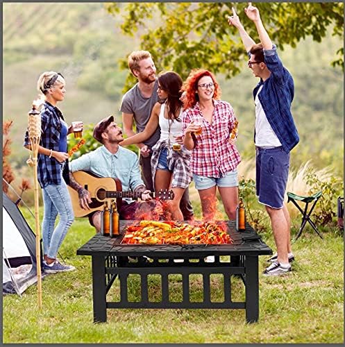 32in Outdoor Wood Burning Square Metal Firepit Table with Grill,Screen and Poker