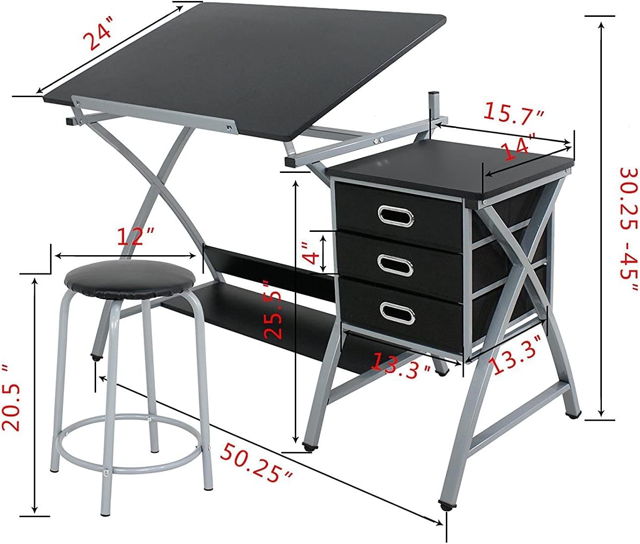 Tilted Drafting Table and Stool with Drawers