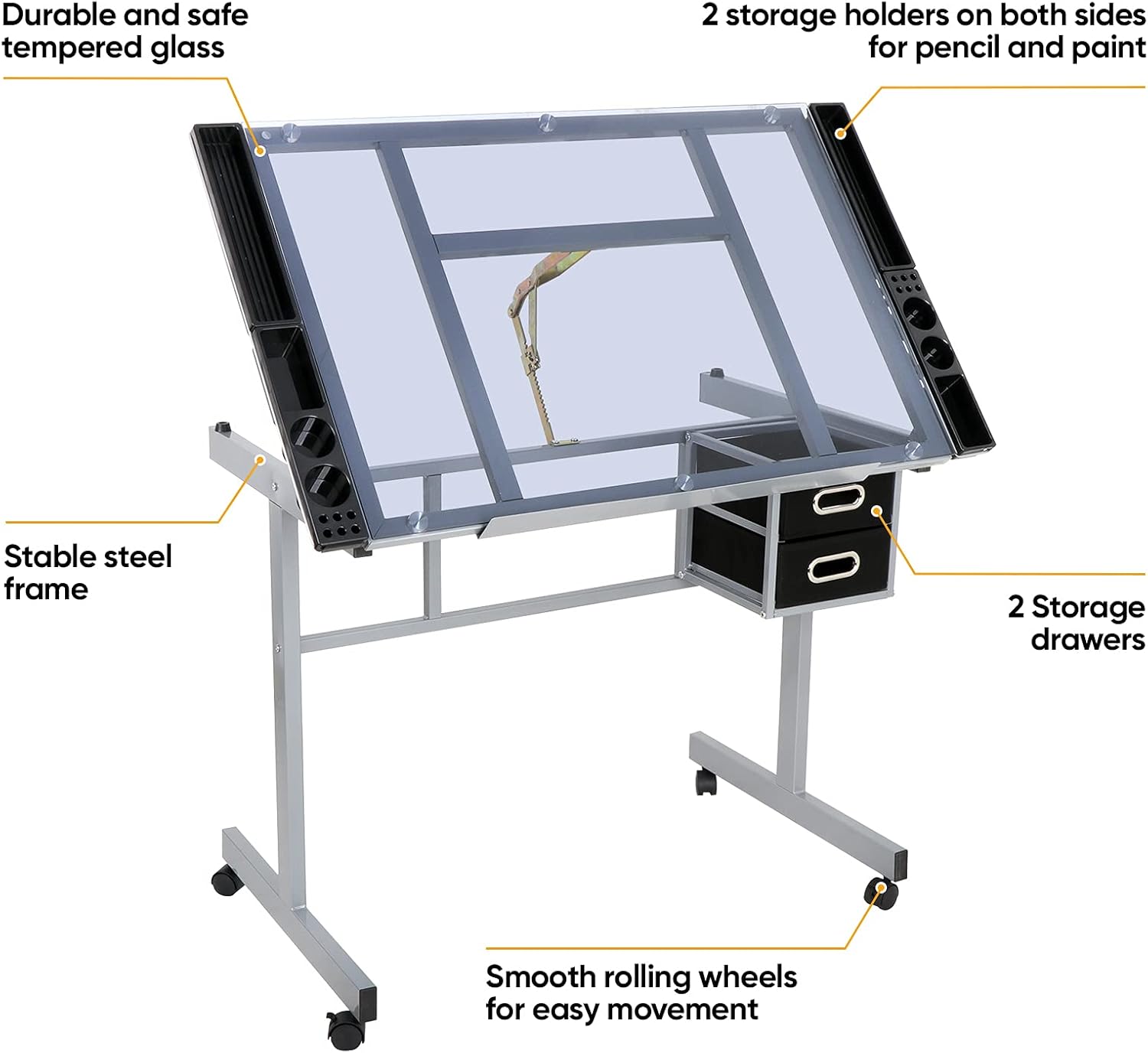 Adjustable Glass Tabletop Drafting Table on Wheels with Storage Drawers