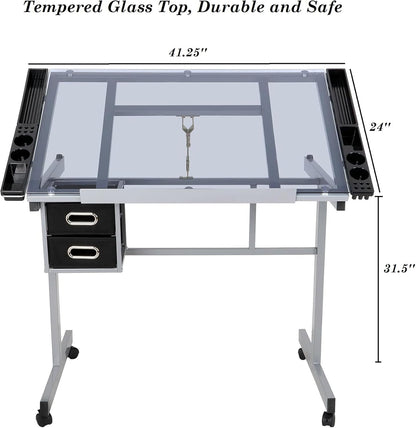 Adjustable Glass Tabletop Drafting Table on Wheels with Storage Drawers