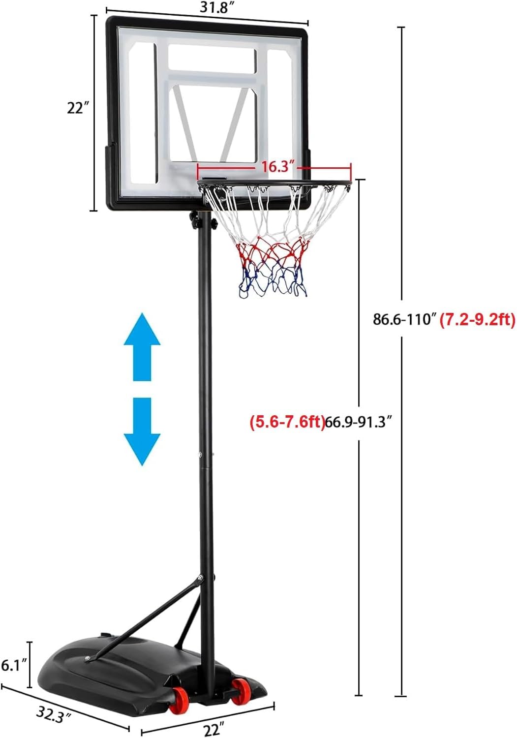 7.2ft - 9.2ft Portable &amp; Adjustable Basketball Goal with Backboard and Stand