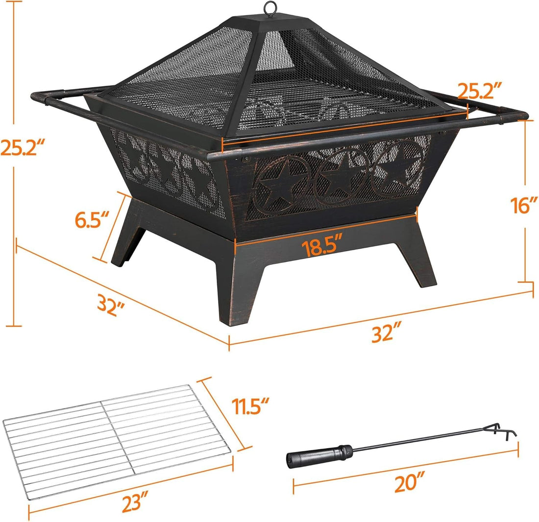 32In Outdoor Fire Pit Metal Square Firepit Wood Burning Backyard Patio Garden Beaches Camping Picnic Bonfire Stove with Spark Screen, Log Poker