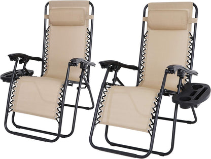 Set of 2 Adjustable Folding Recliners Lounge Chairs with Cup Holders and Headrest for Patio