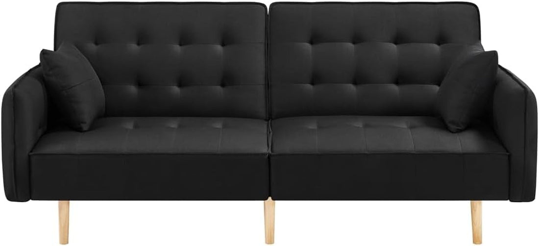 78” Convertible Sofa Bed with USB Ports Sleeper Couch Futon Daybed Sleeper Sofa for Living Room Convertible Loveseat Adjustable Couch Bed Linen Fabric Tufted Split-Back Daybed, Black