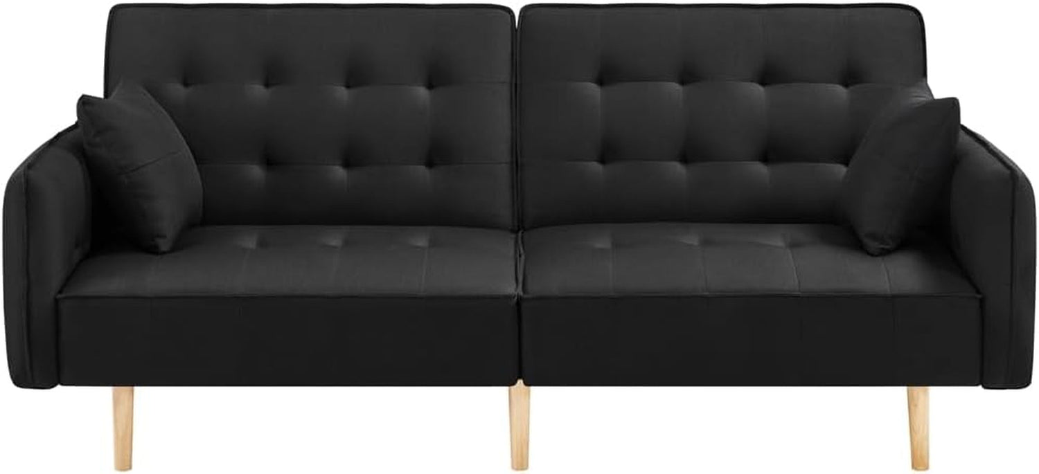 78” Convertible Sofa Bed with USB Ports Sleeper Couch Futon Daybed Sleeper Sofa for Living Room Convertible Loveseat Adjustable Couch Bed Linen Fabric Tufted Split-Back Daybed, Black