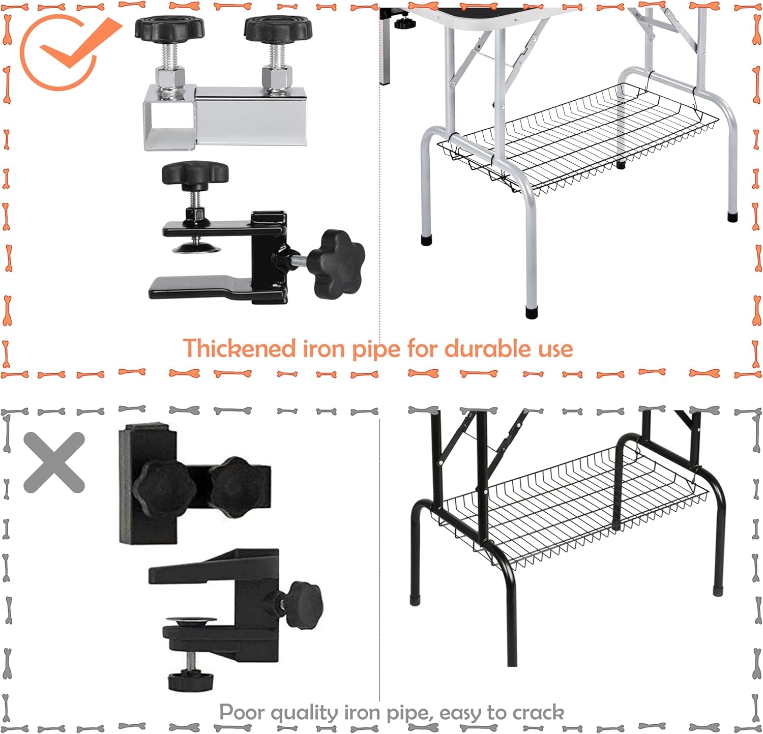 Foldable &amp; Portable Pet Grooming Table for Home - Stainless Steel H-Shape Frame Height Adjustable Pet Beauty Table W/Arm/Noose/Mesh Tray, 45In X 24In