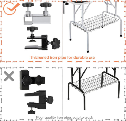 Foldable &amp; Portable Pet Grooming Table for Home - Stainless Steel H-Shape Frame Height Adjustable Pet Beauty Table W/Arm/Noose/Mesh Tray, 45In X 24In