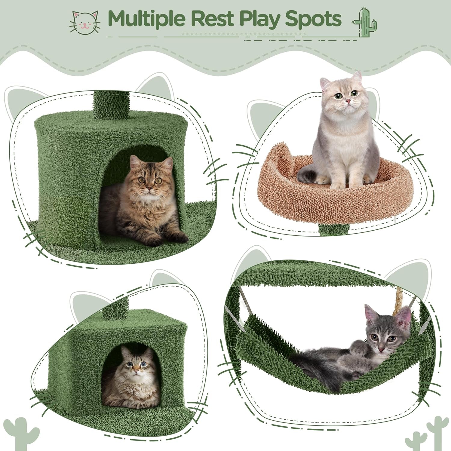 Cactus Cat Tree for Indoor Cats, 62In Cat Tower with Scratching Posts &amp; Hammock &amp; Dangling Ball, Large Cat Condo Multi-Level Activity Center, Cat Furniture