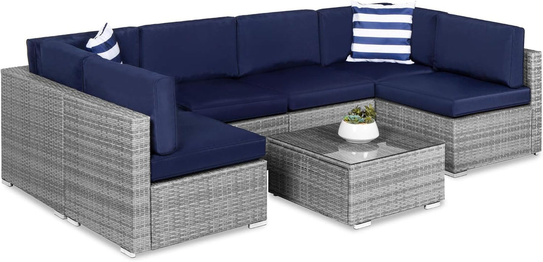 7-Piece Modular Outdoor Sectional Wicker Patio Conversation Set W/ 2 Pillows, Coffee Table, Cover Included - Gray/Navy