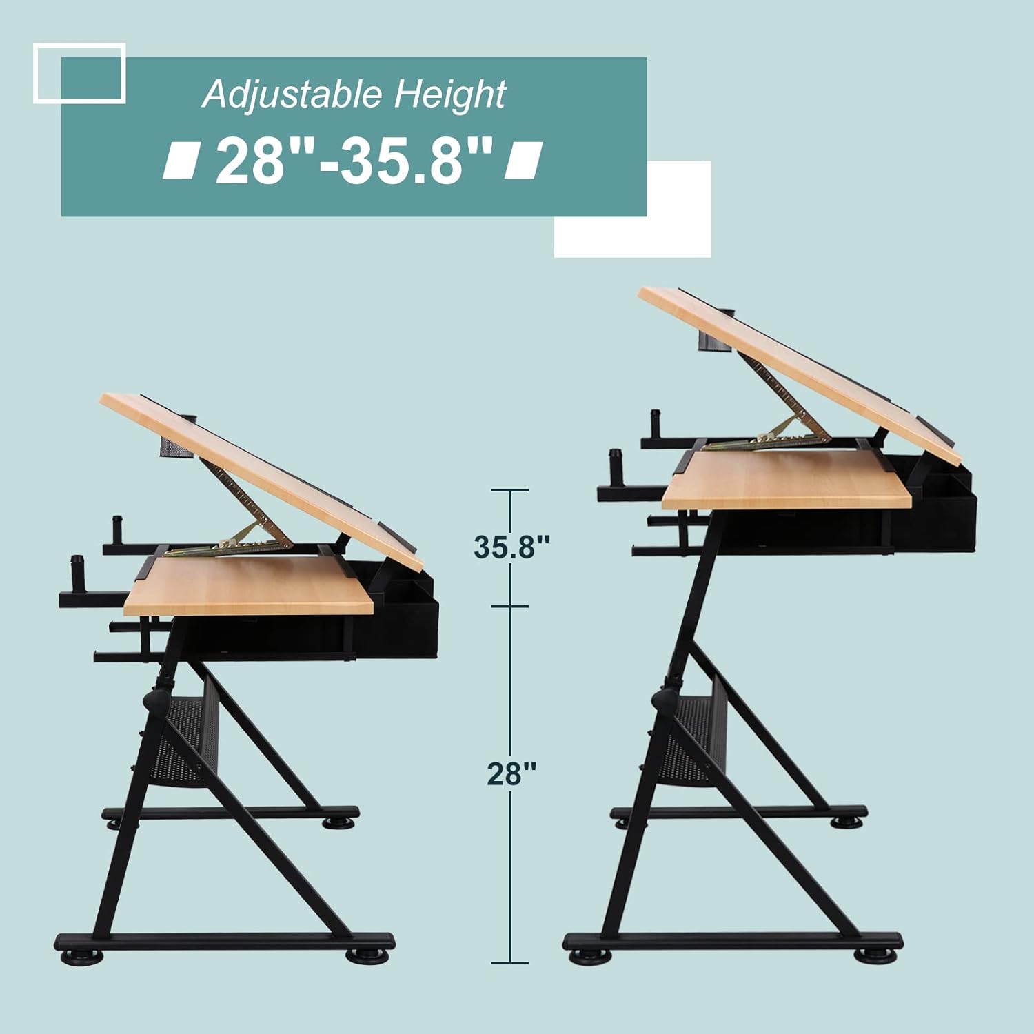 Height Adjustable Drafting Table with Stool and Storage Drawer