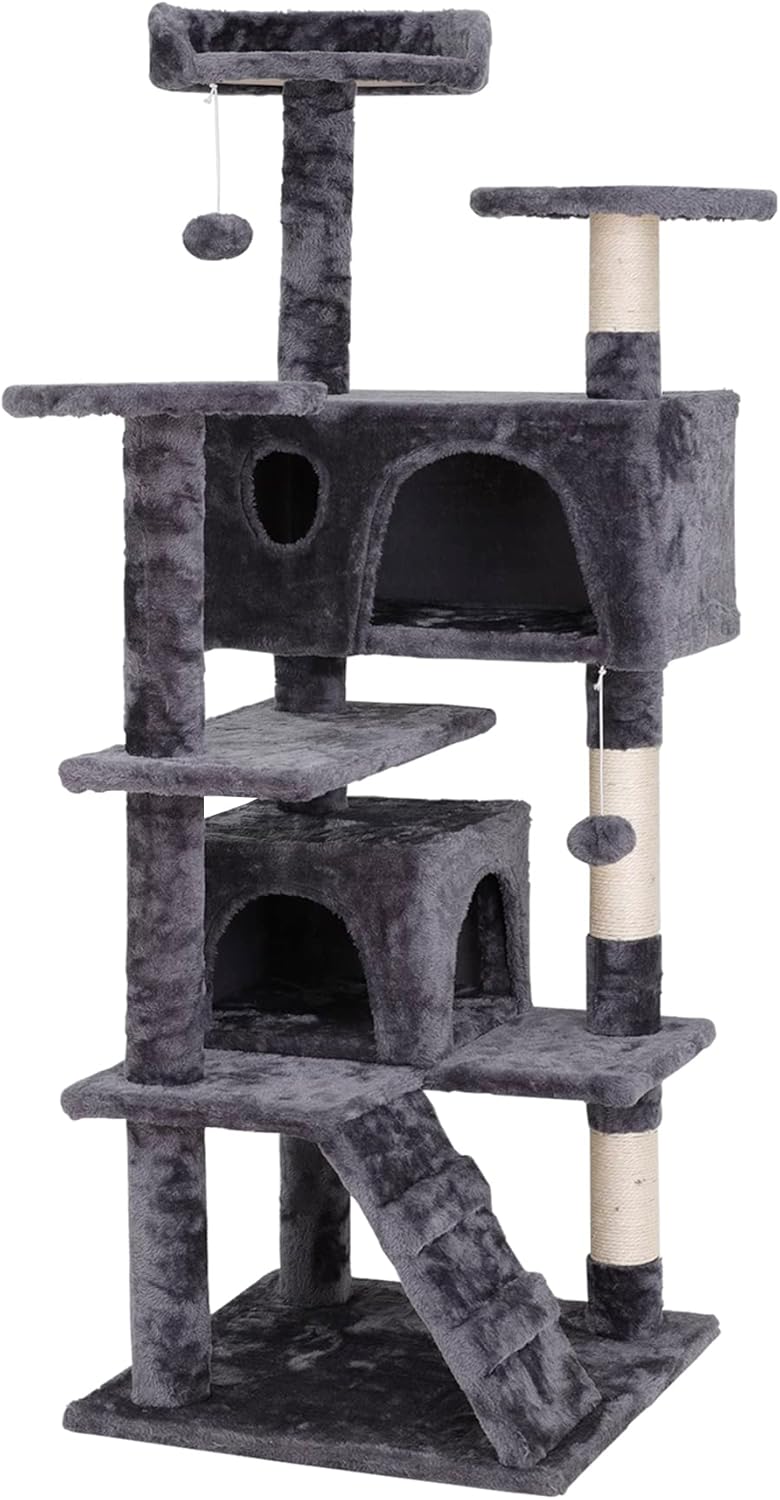 Cat Tree with Sisal-Covered Scratching Posts and 2 Plush Rooms