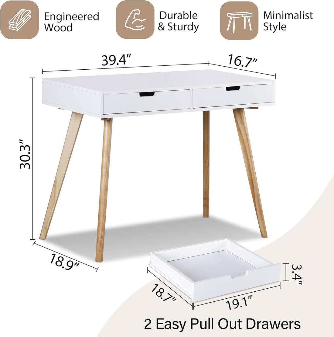 39&quot; Small Computer/Makeup Vanity Desk with 2 Drawers